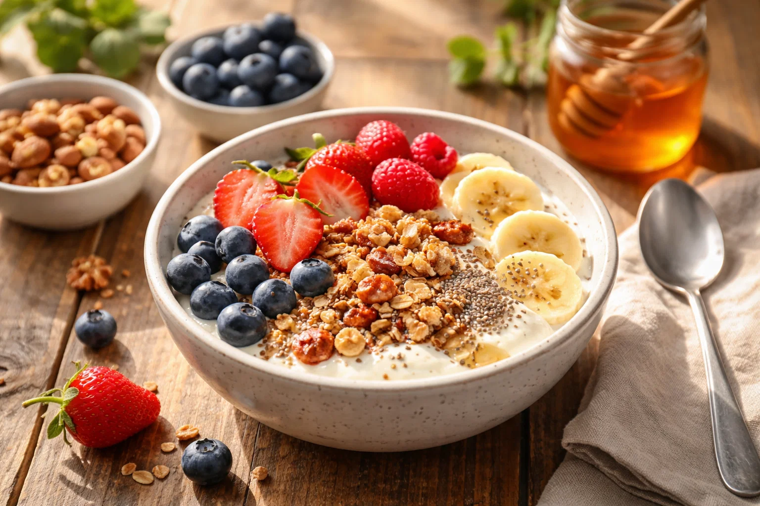 healthy balanced breakfast bowl with fresh fruits, nuts, yogurt and granola on wooden table with natural morning light