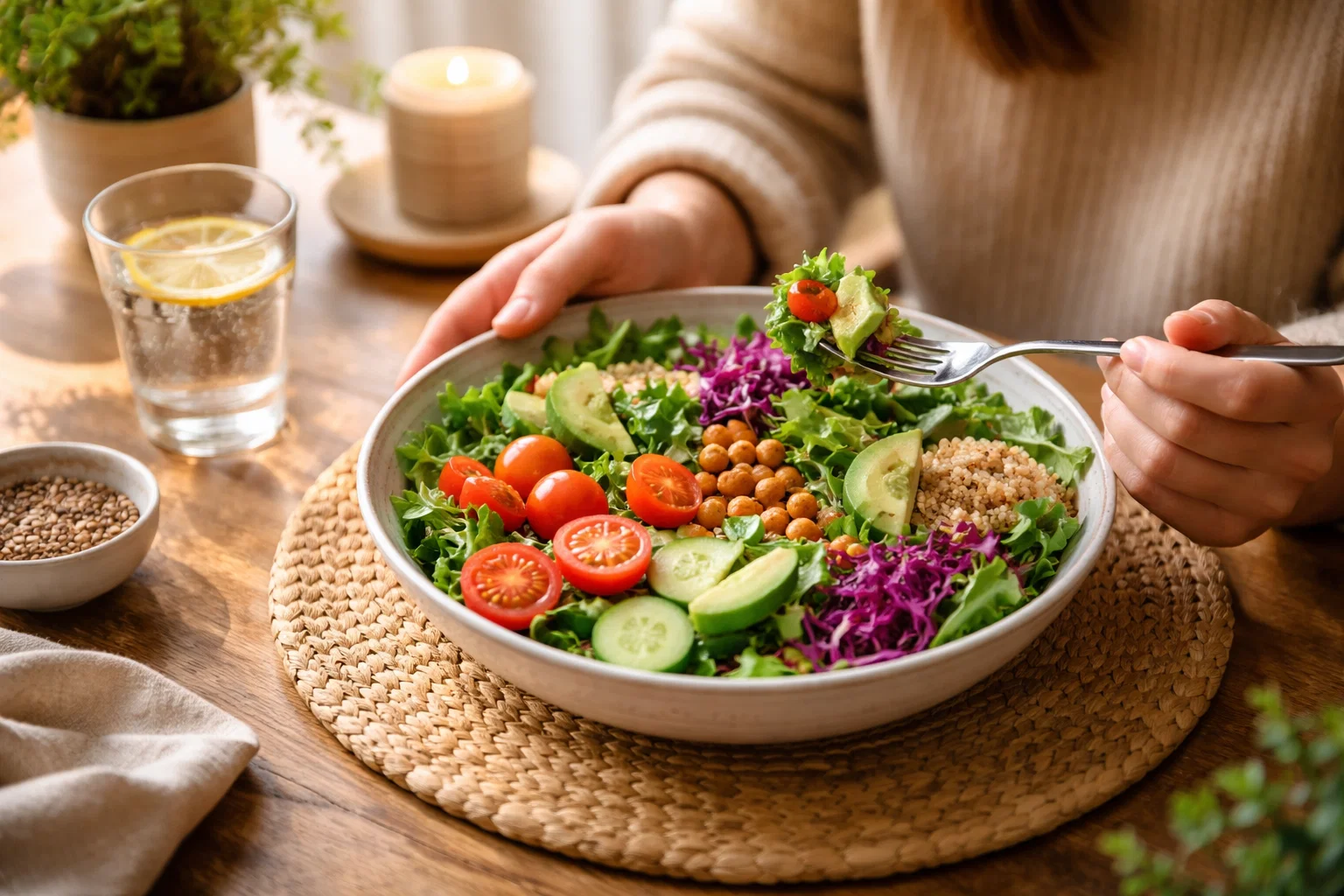 person practicing mindful eating with colorful fresh salad, taking time to enjoy healthy meal in peaceful dining setting